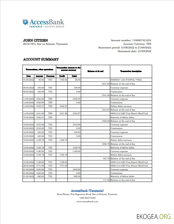 Tanzanie Accédez au relevé bancaire, au modèle Excel et PDF